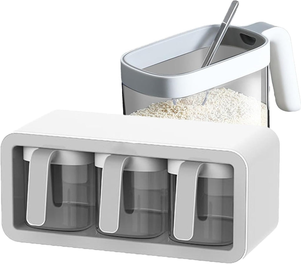 Organizzatore salvaspazio a 3 griglie con contenitori trasparenti, bianco e grigio.
