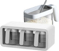 Organizzatore salvaspazio a 3 griglie con contenitori trasparenti, bianco e grigio.