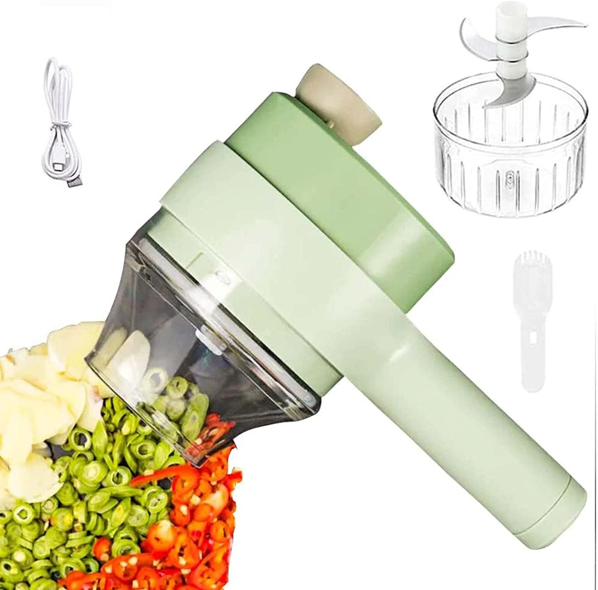 Affettatrice elettrica portatile verde con accessori per verdure e boccale