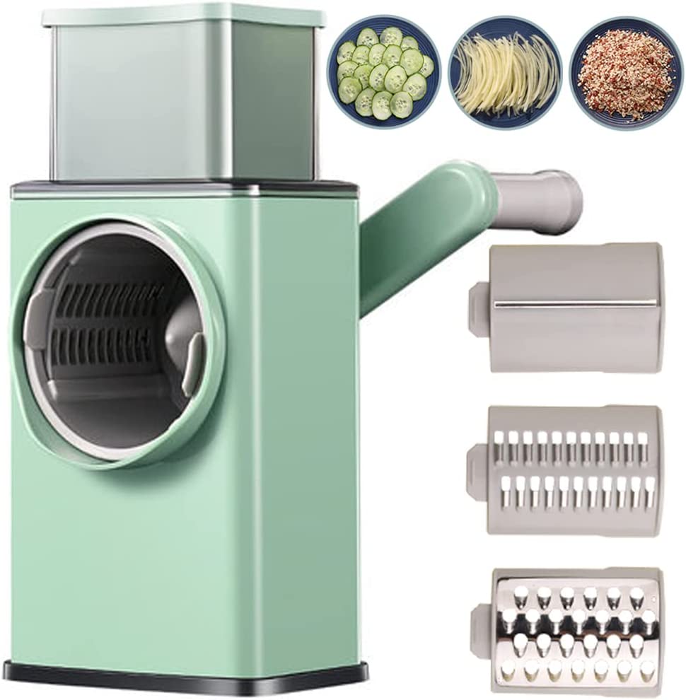 Affettaverdure elettrico verde menta con 3 lame e tramoggia trasparente superiore