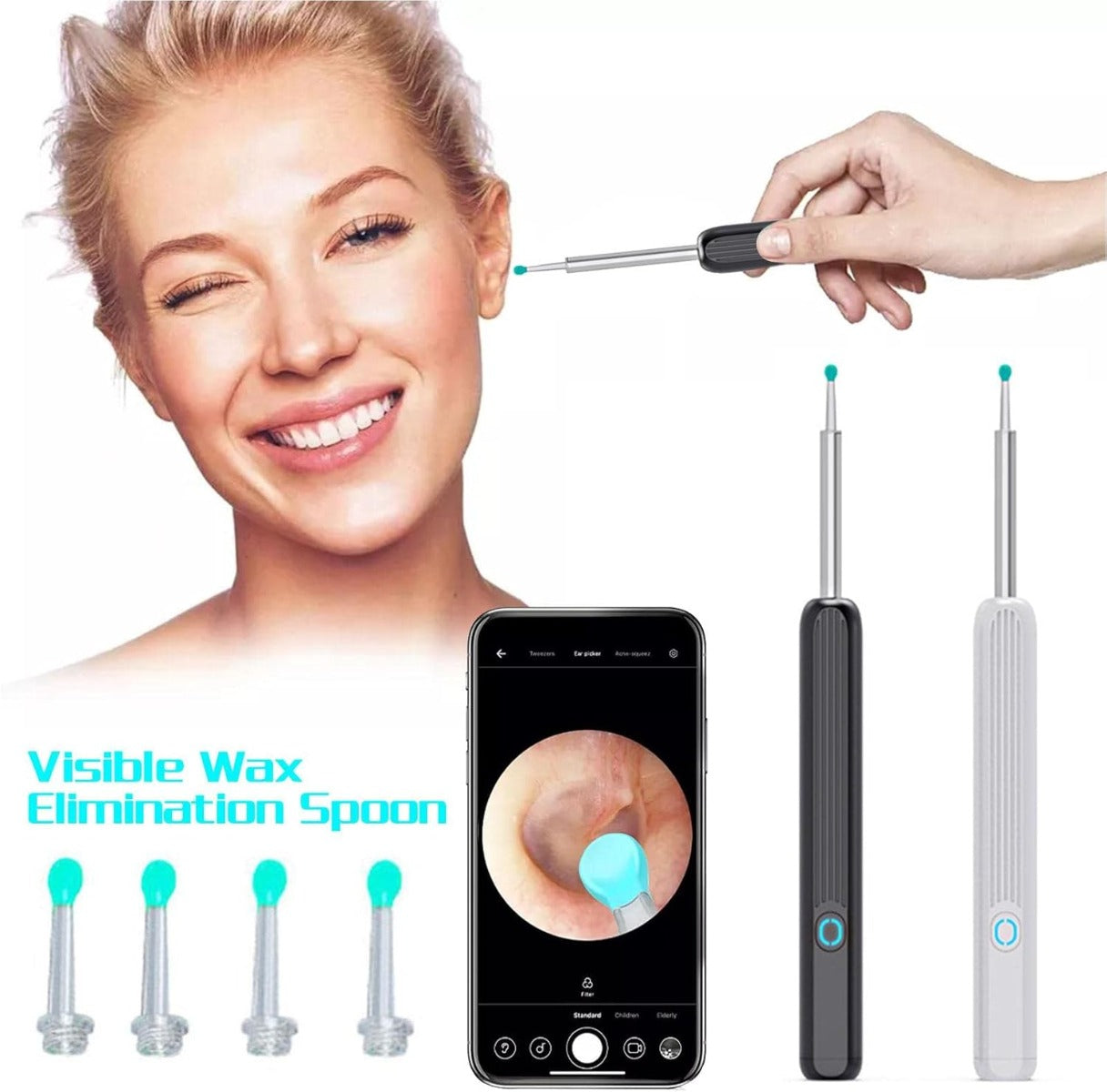 Pulitore orecchie con fotocamera HD: manico nero e smartphone con visualizzazione