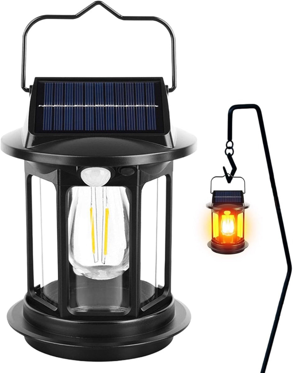 Lanterna solare nera con pannello solare, luce LED e cavo di sospensione