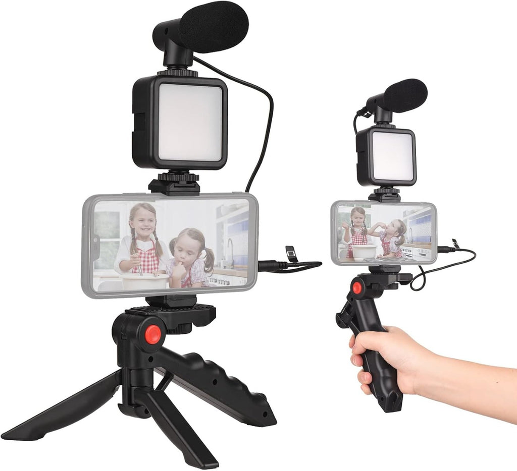 Kit vlogger con treppiede per cellulare, luce LED quadrata e microfono, nero