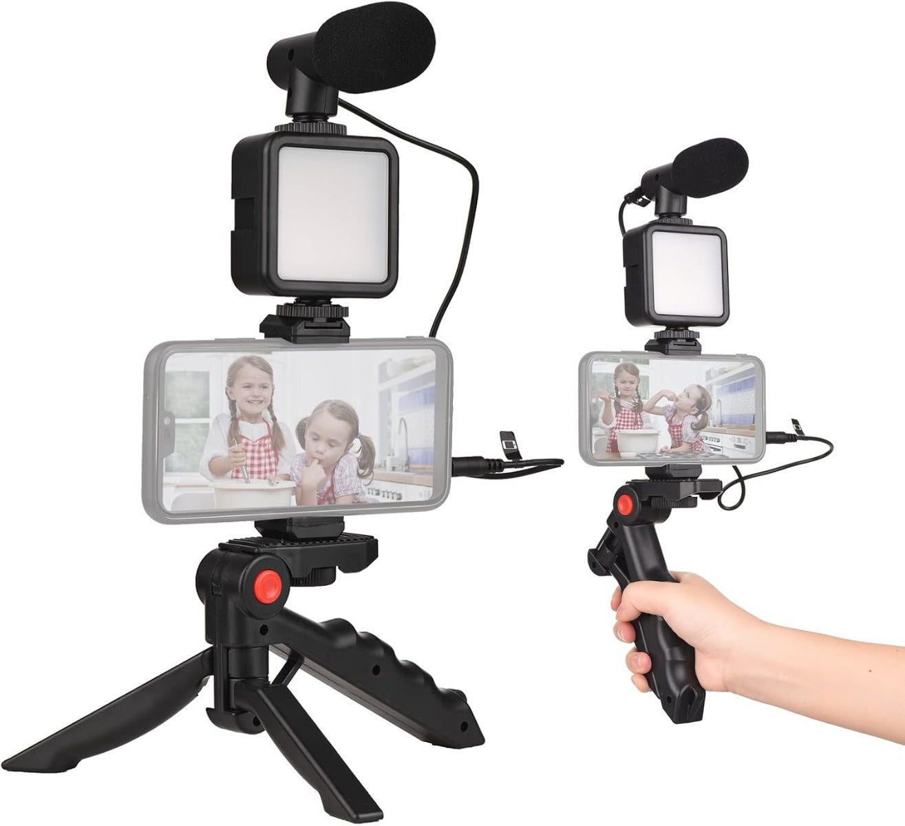 Kit vlogger con treppiede per cellulare, luce LED quadrata e microfono, nero