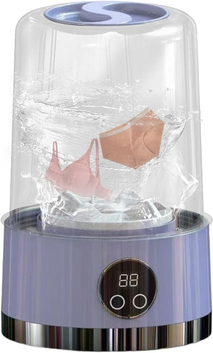 Mini lavatrice portatile con base viola, coperchio trasparente e display 88