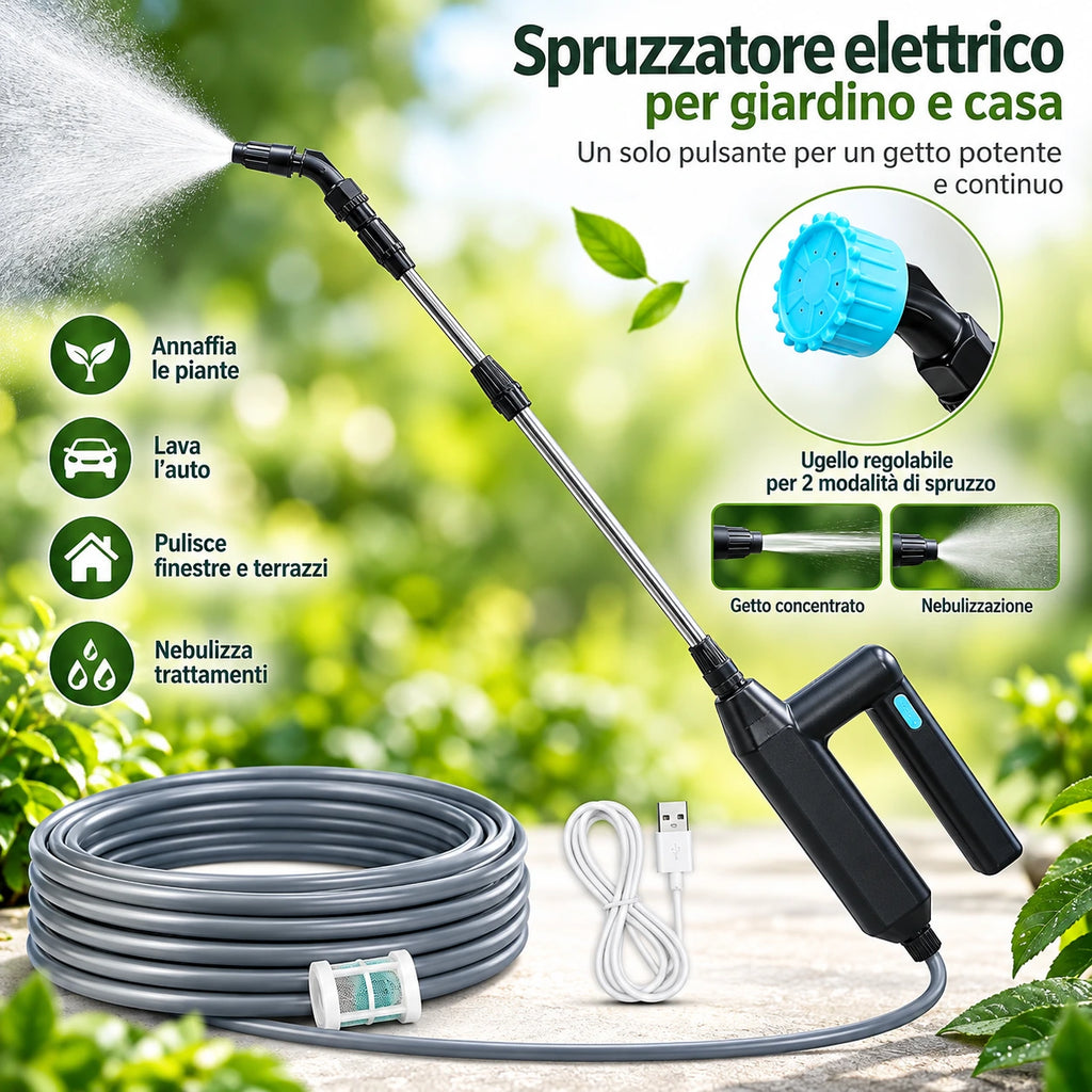 Spruzzatore elettrico per giardino e casa con tubo arrotolato e ugello regolabile