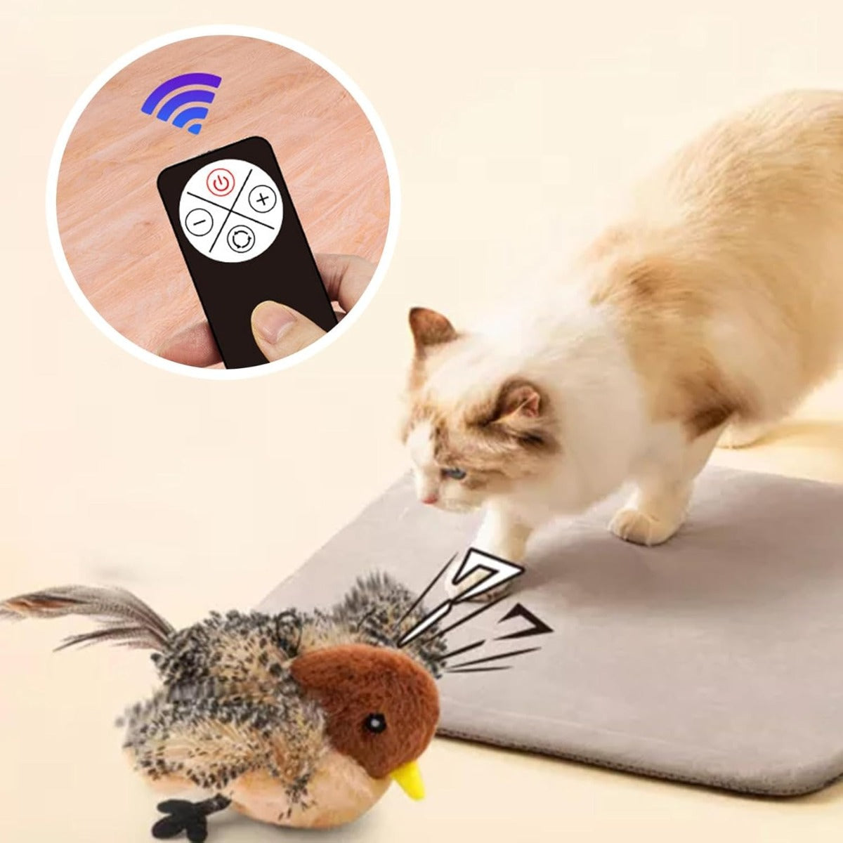Giocattolo per gatti a forma di uccello in peluche, con effetto svolazzante
