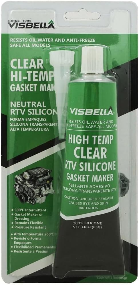 Sigillante RTV siliconico trasparente ad alta temperatura, flacone verde con etichetta bianca