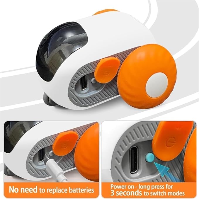 Giocattolo per gatti elettrico bianco e arancione, vista laterale con pulsanti e porta USB