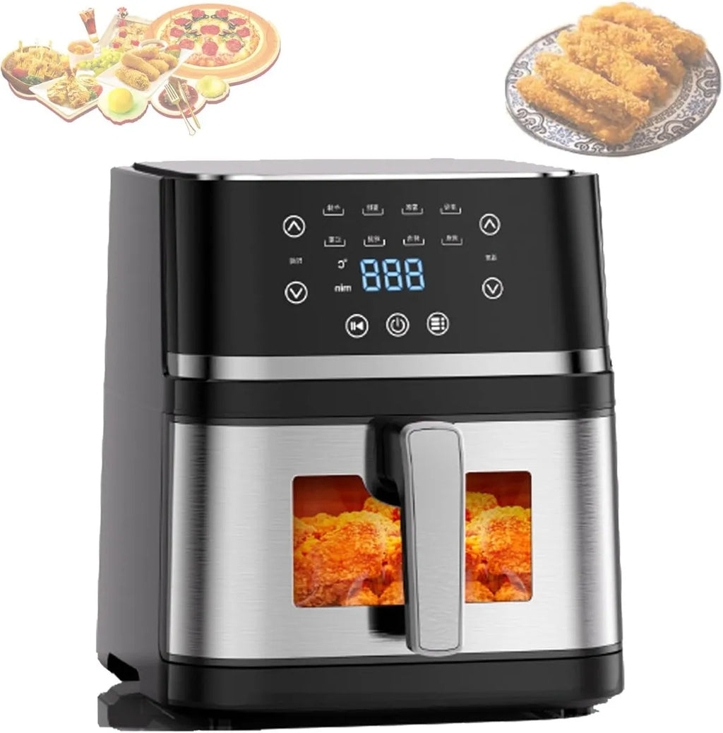 Friggitrice ad aria nera e inox con comandi digitali e finestra sul cestello