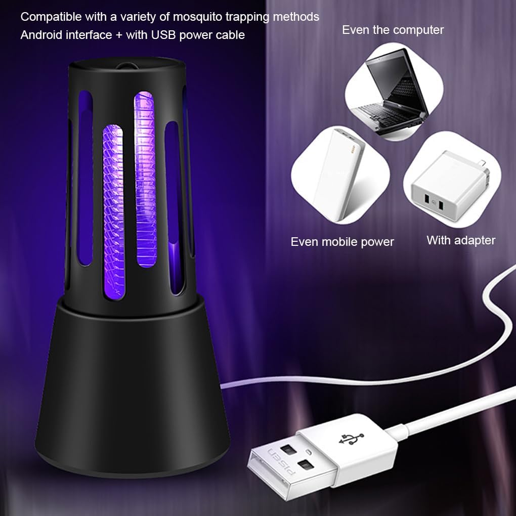 Lampada zanzariera elettrica nera con cavo USB e alimentazione, tubi viola accesi.