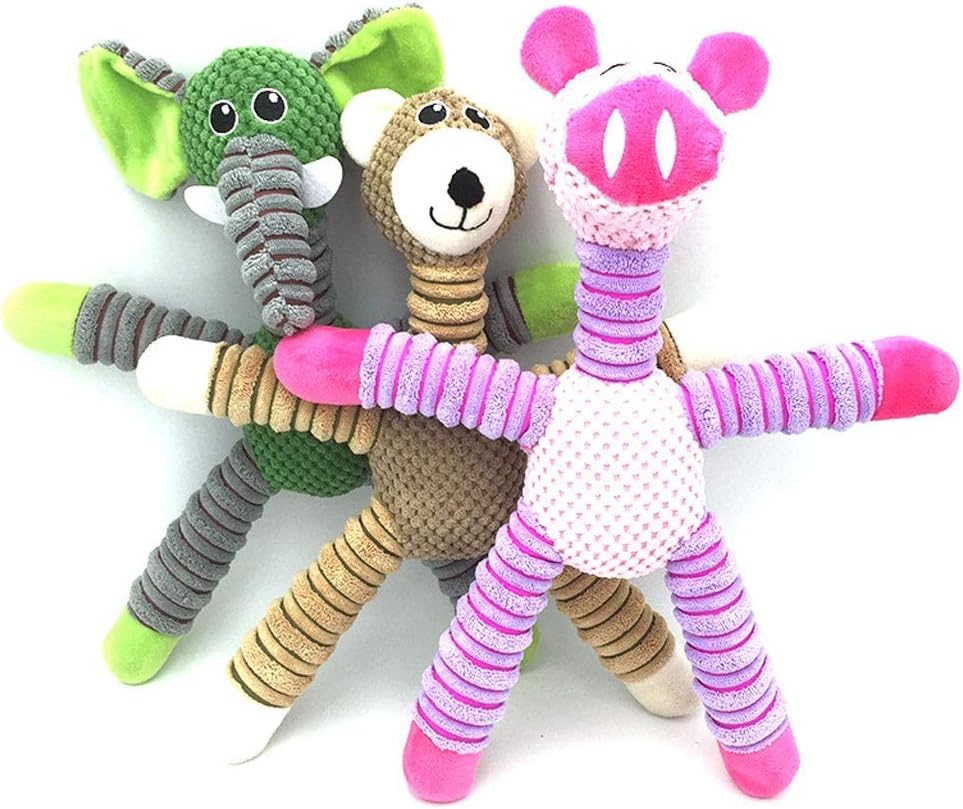 Giocattolo in peluche per cani: elefante verde, orsetto beige e maialino rosa, con zampe rigate