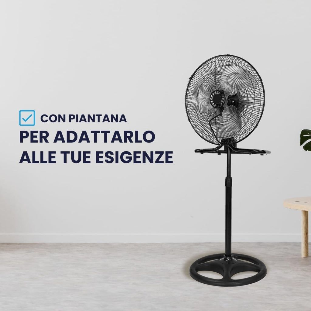 Ventilatore nero su piantana con griglia circolare inclinabile