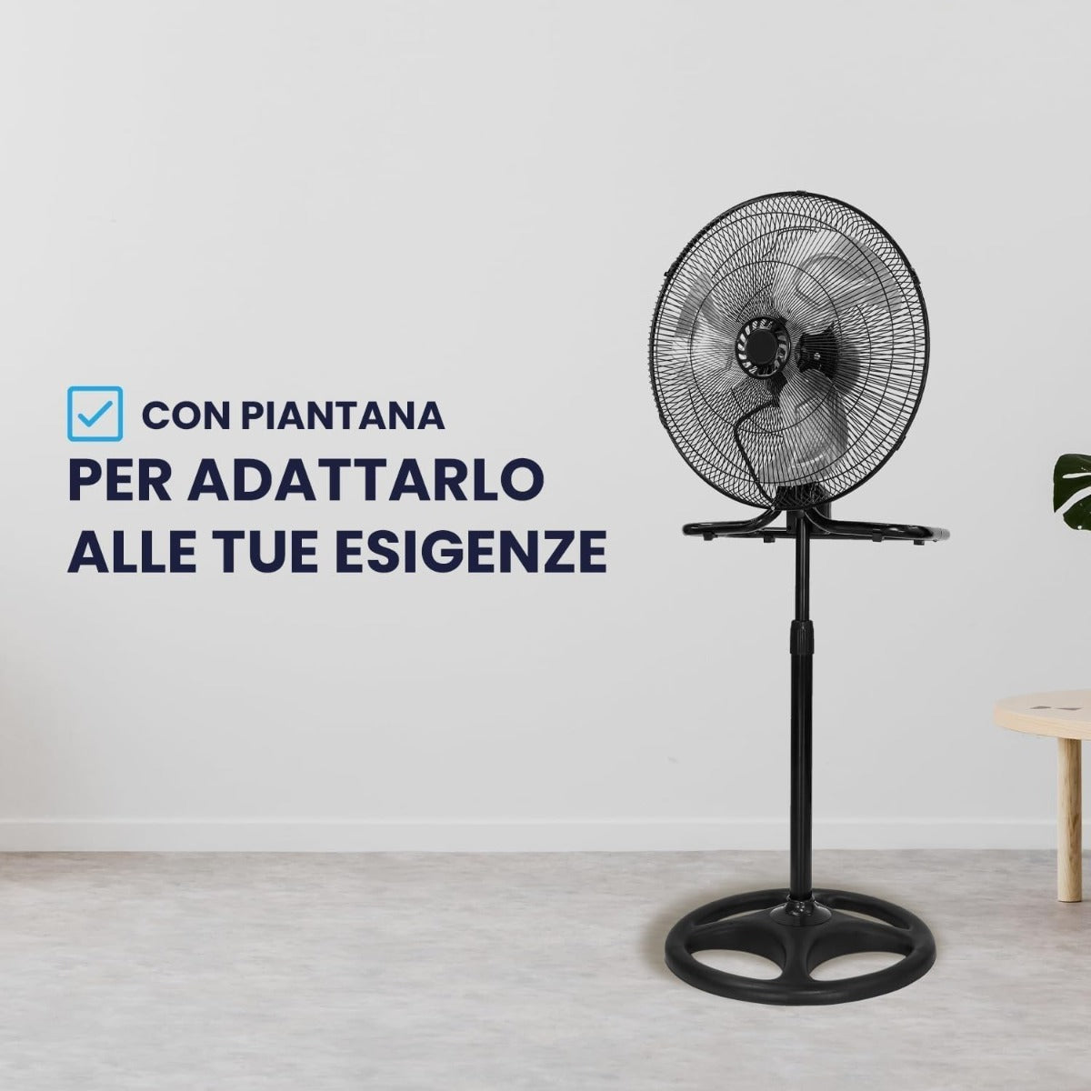 Ventilatore nero su piantana con griglia circolare inclinabile