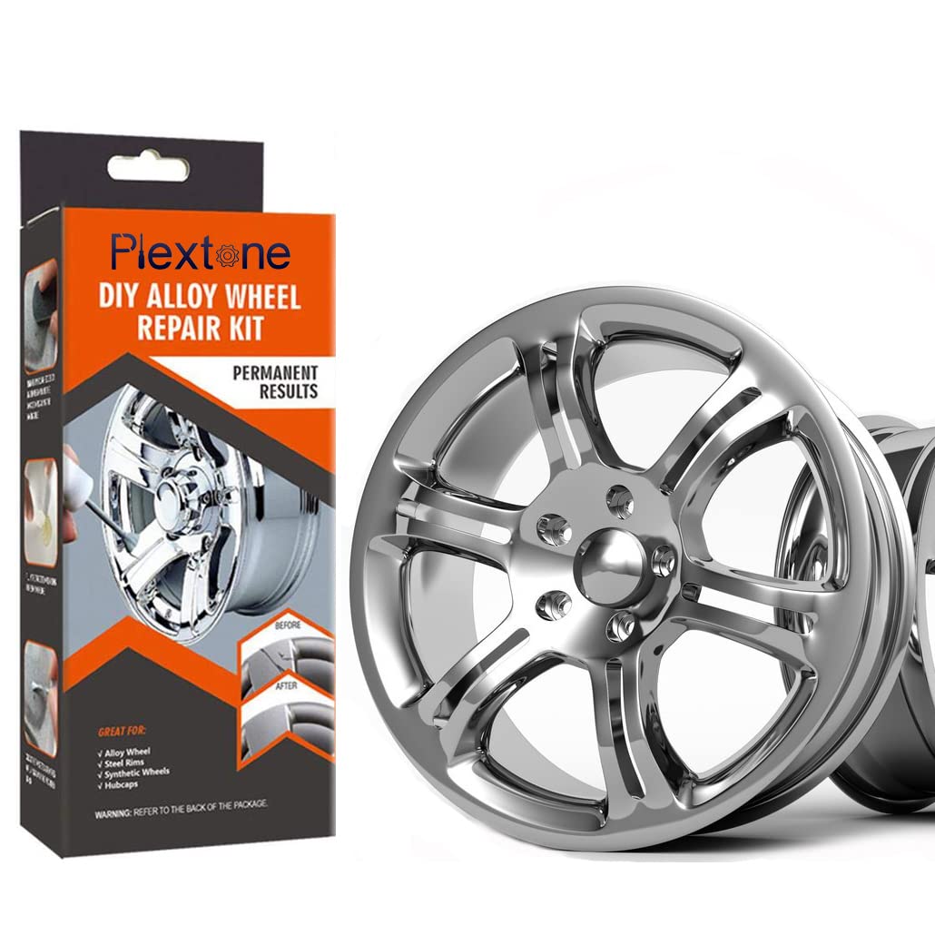 Kit riparazione cerchi in lega Plextone, confezione con ruota cromata.