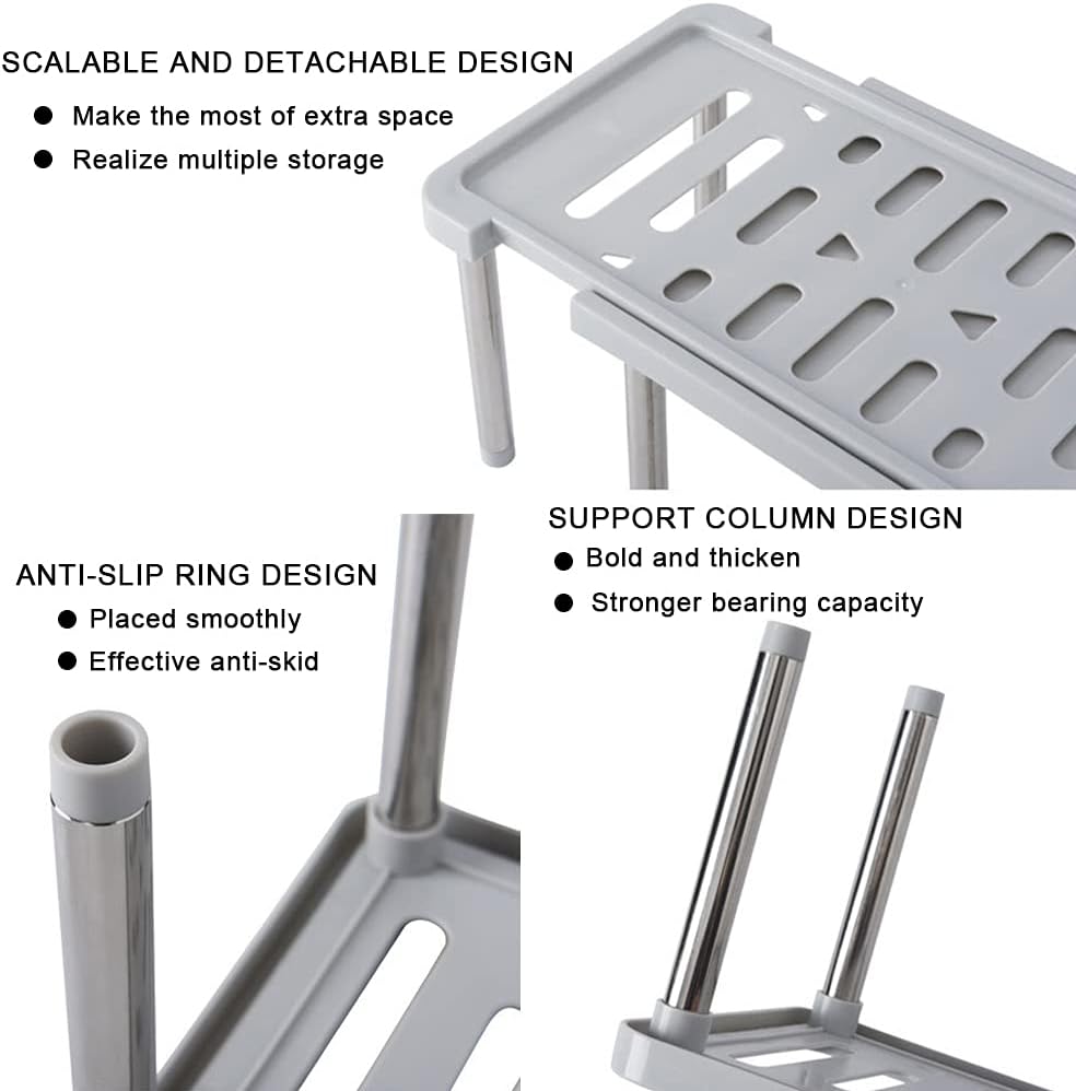 Scaffale espandibile grigio con anelli antiscivolo e piedini in metallo