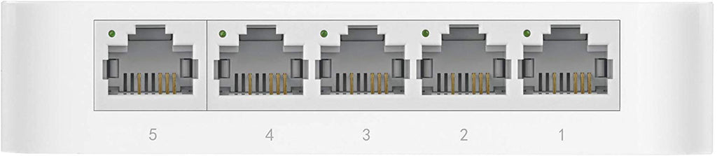 Switch desktop TP-Link con 5 porte RJ45 10/100, frontale con numeri 5–1