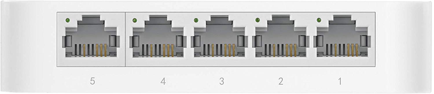 Switch desktop TP-Link con 5 porte RJ45 10/100, frontale con numeri 5–1