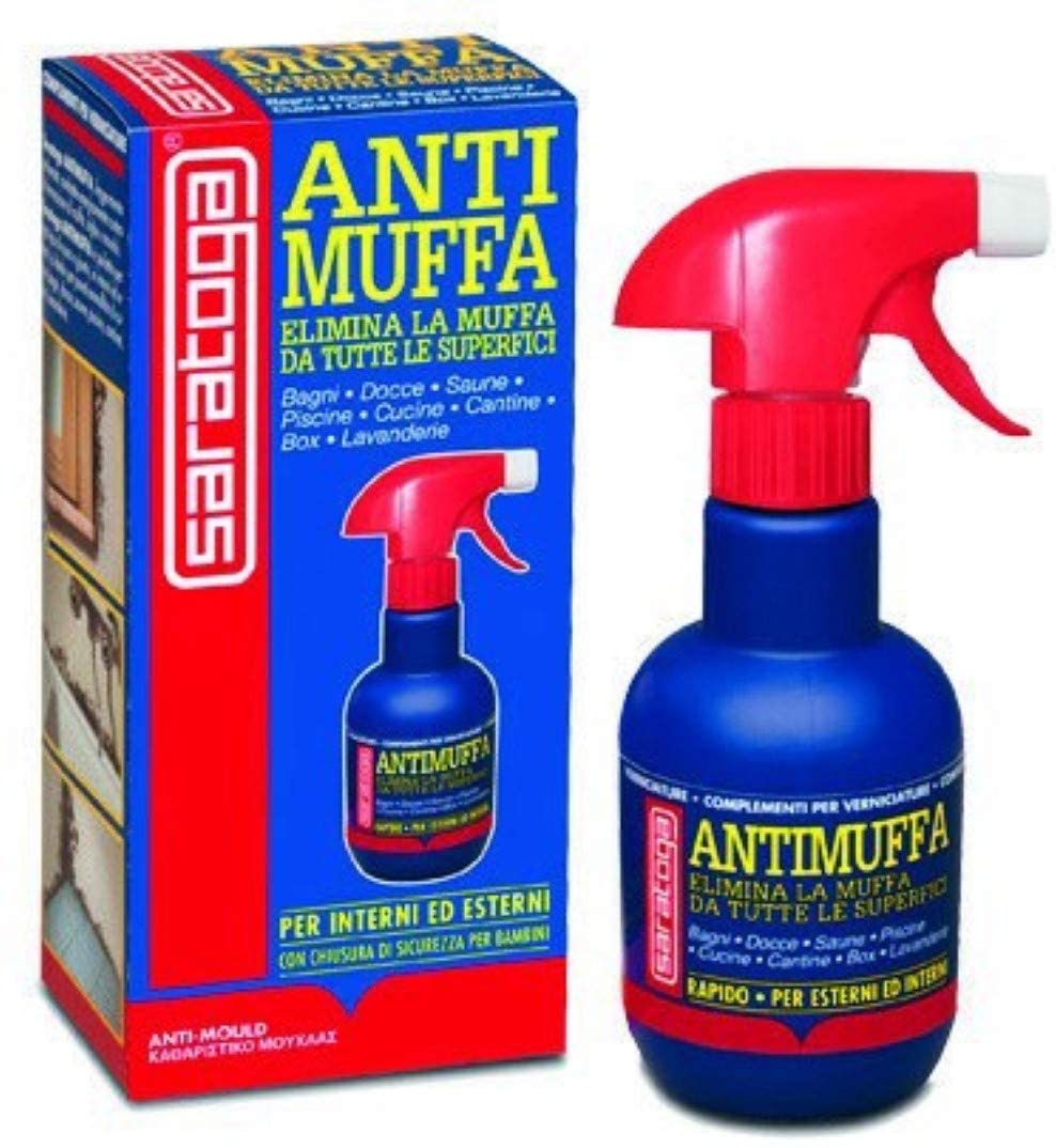 Flacone spray antimuffa con erogatore rosso, etichetta blu per tutte le superfici