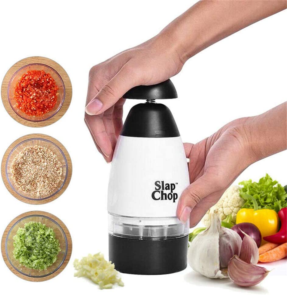 Spremiaglio manuale Slap Chop bianco e nero con coperchio nero superiore