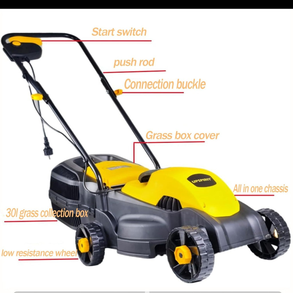 Tosaerba elettrico giallo e grigio con impugnatura e coperchio cesto di raccolta