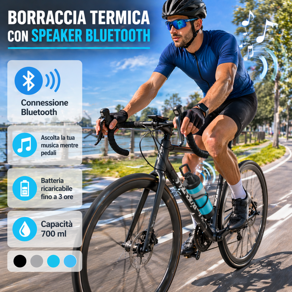 Borraccia termica blu con fasce bianche e speaker Bluetooth integrato, maniglia superiore