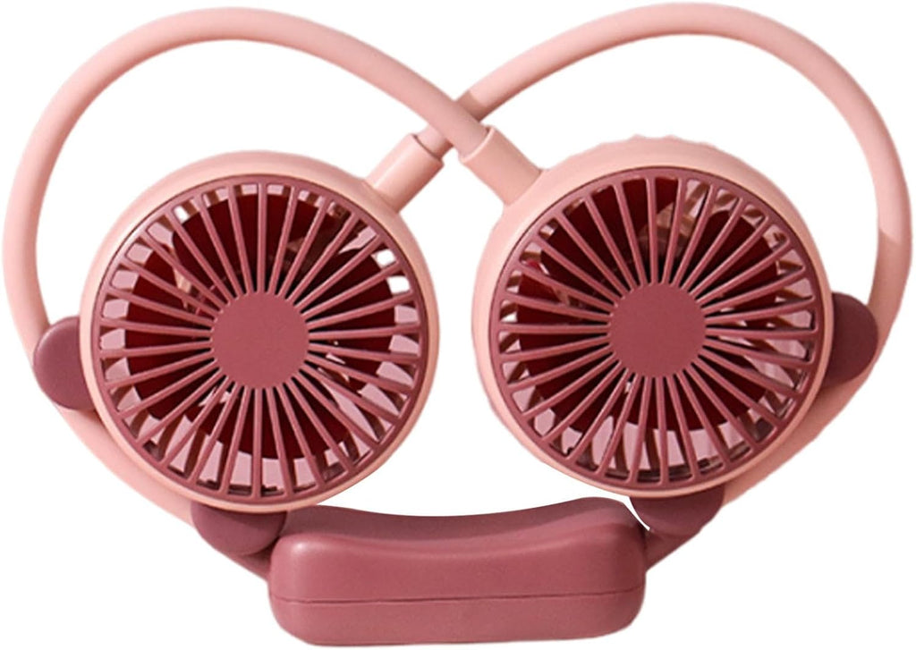 Ventilatore da collo a doppia testa rosa con base centrale e griglie delle pale.