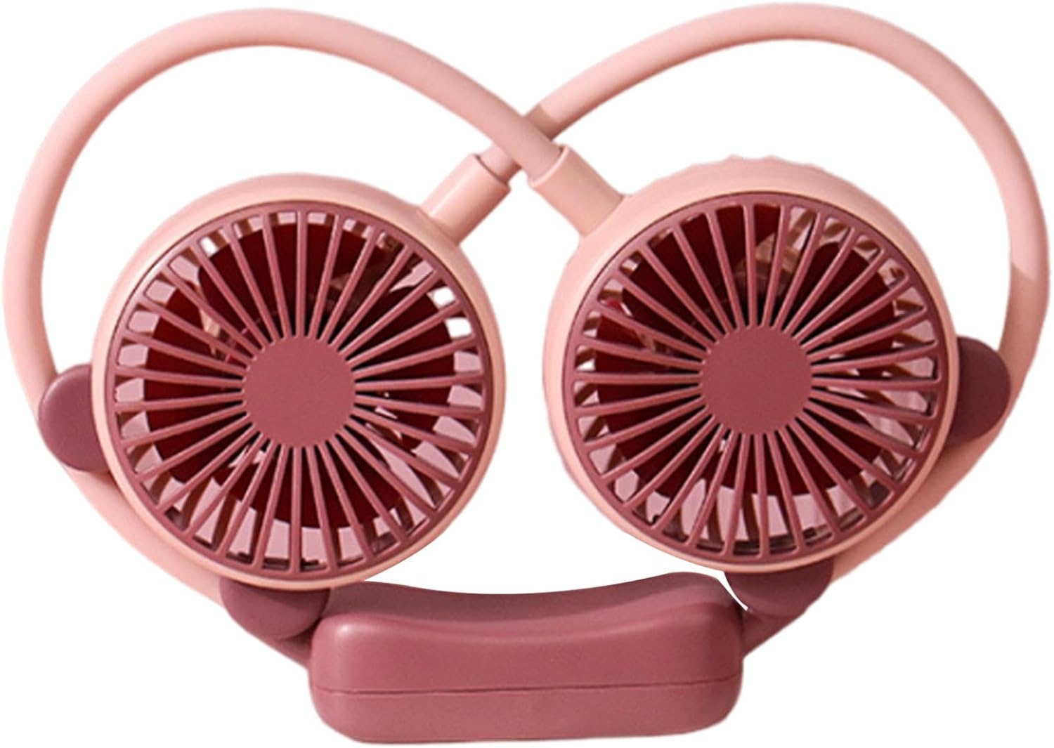 Ventilatore da collo a doppia testa rosa con base centrale e griglie delle pale.