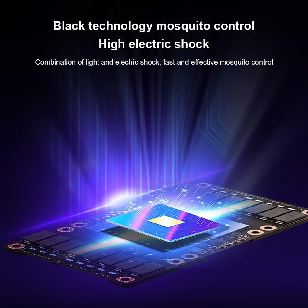 Lampada zanzariera elettrica con tecnologia su scheda, componenti neri e luci blu.
