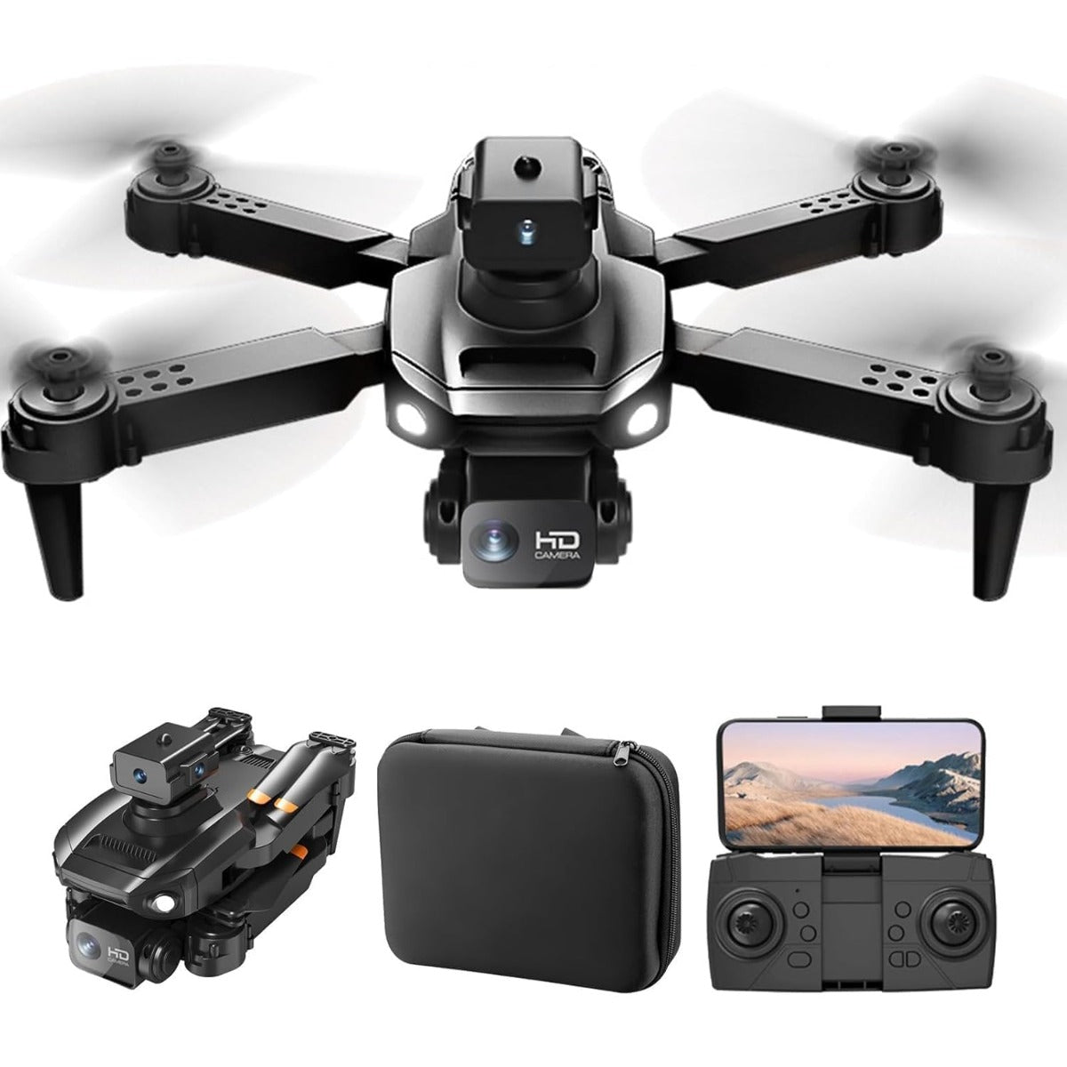 Drone quadricottero con fotocamera HD, custodia e controller a schermo