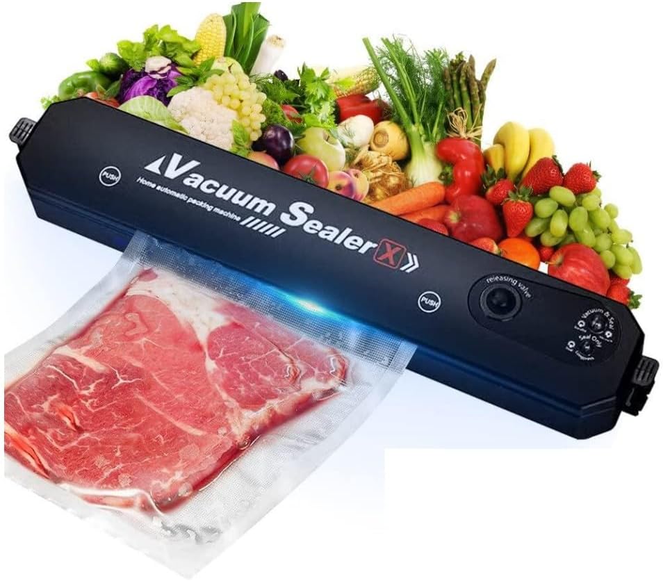 Macchina per sottovuoto alimentare nera con barra sigillatrice e sacchetto con carne