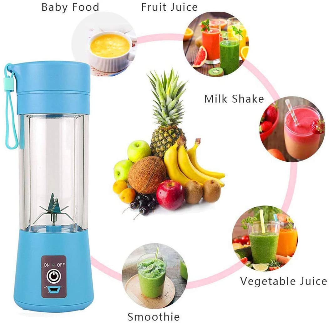 Mixer portatile USB, bottiglia trasparente con frutta e base blu