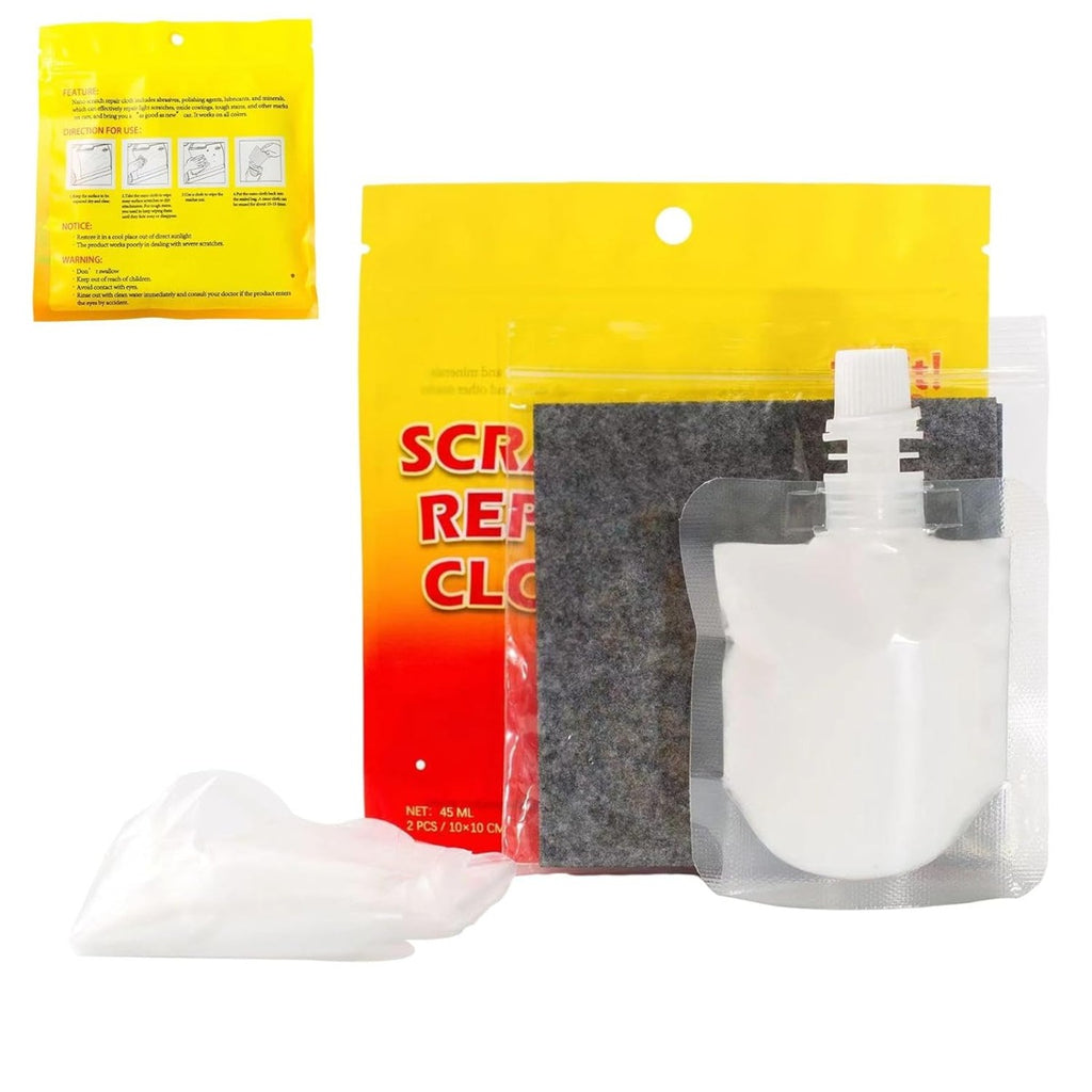 Kit riparazione graffi auto con panno bianco e tampone grigio in confezione trasparente
