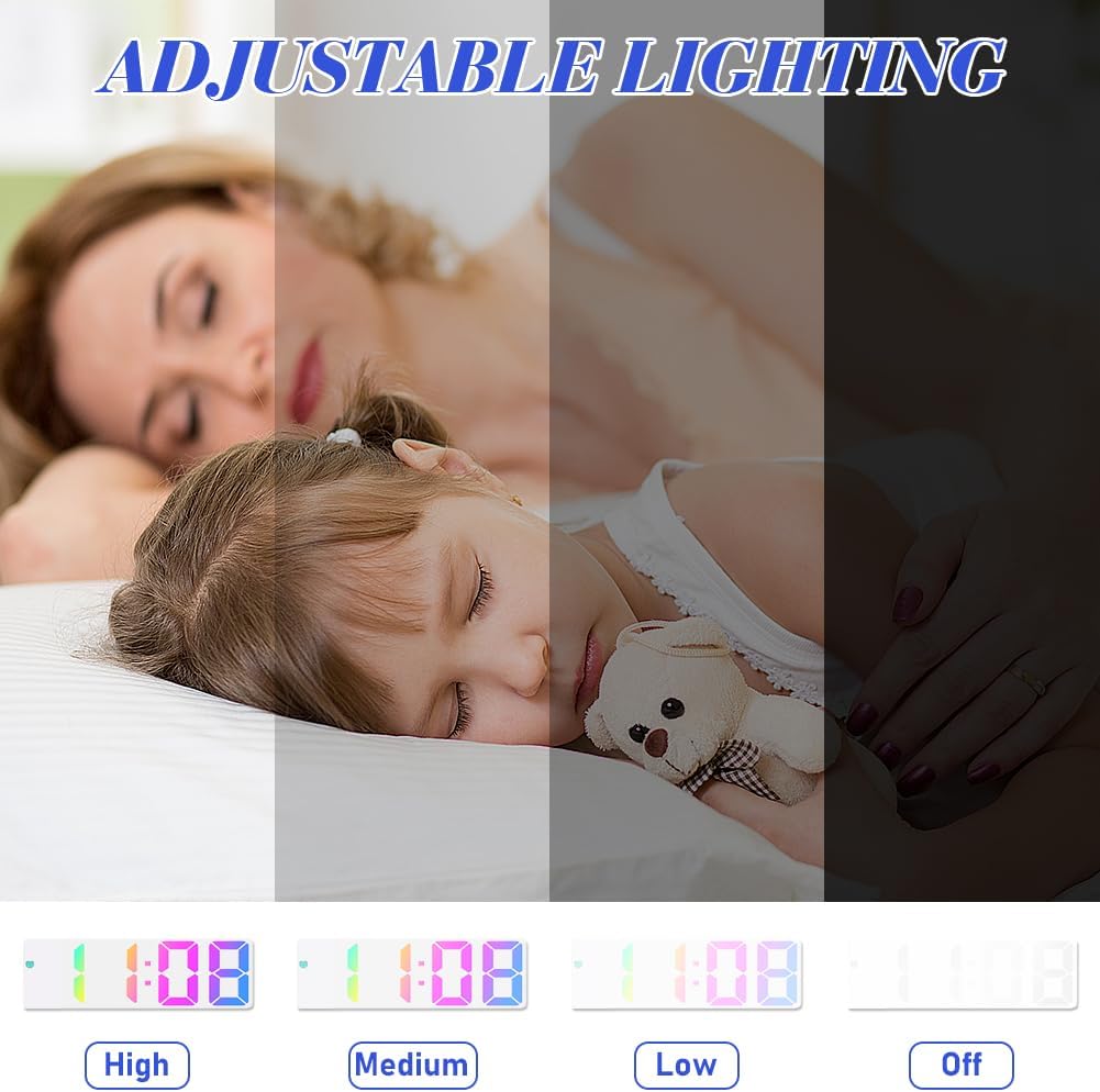 Sveglia digitale LED da comodino bianca con display luminoso multicolore