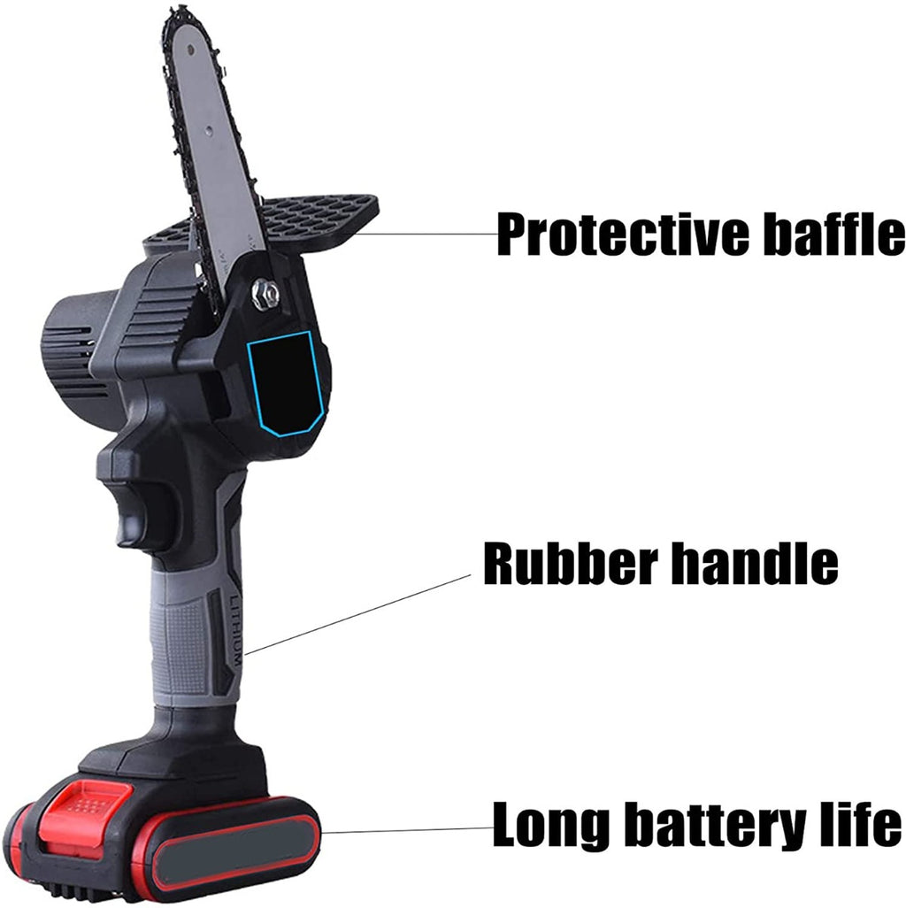 Mini motosega a batteria con manico in gomma e protezione anteriore lama