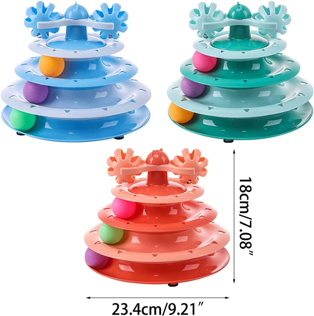 Torre giocattolo per gatti a 3 livelli azzurro, verde e arancione con piste rotanti