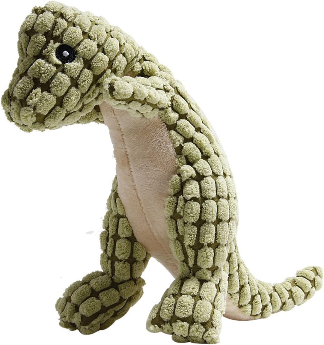 Peluche dinosauro verde oliva con occhi neri e squeaker per cani