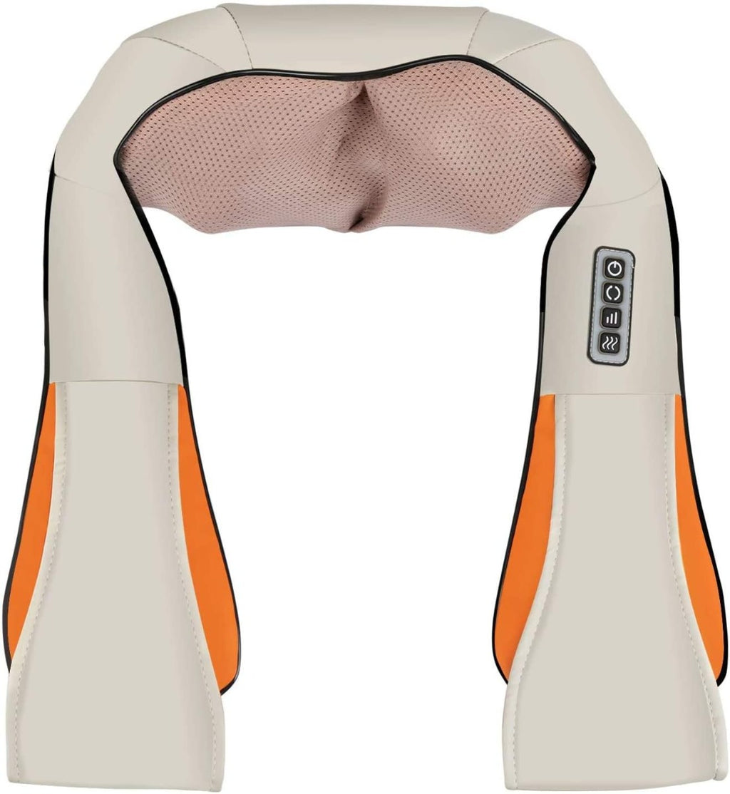 Massaggiatore cervicale e schiena beige con rete microforata scura e pannello comandi
