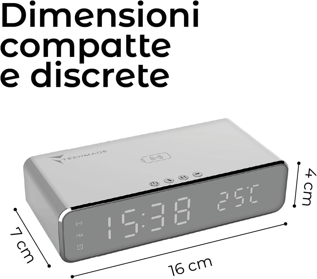 TECHMADE – Sveglia Digitale con Ricarica Wireless, Allarme con Timer, Display LED Regolabile