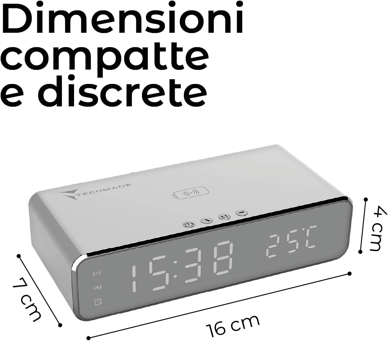 TECHMADE – Sveglia Digitale con Ricarica Wireless, Allarme con Timer, Display LED Regolabile