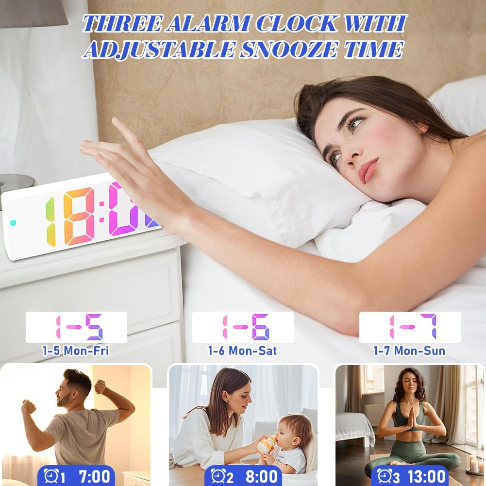 Sveglia digitale LED da comodino bianca con display multicolore e cifre luminose