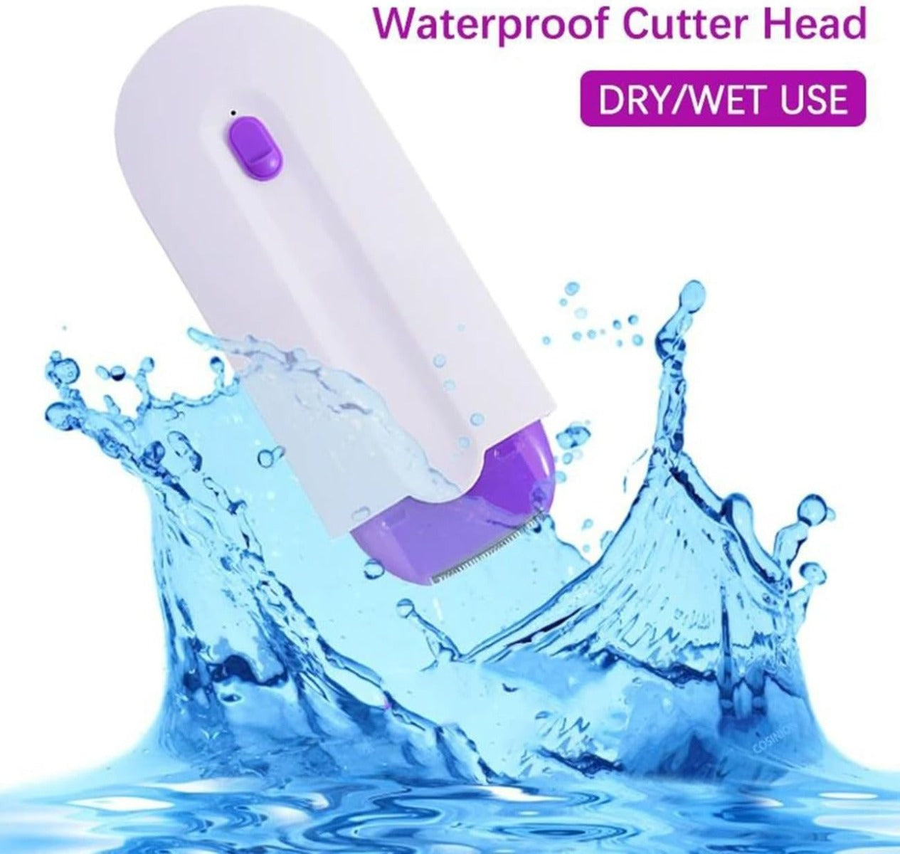 Testina di taglio impermeabile dell’epilatore bianco e viola con schizzi d’acqua