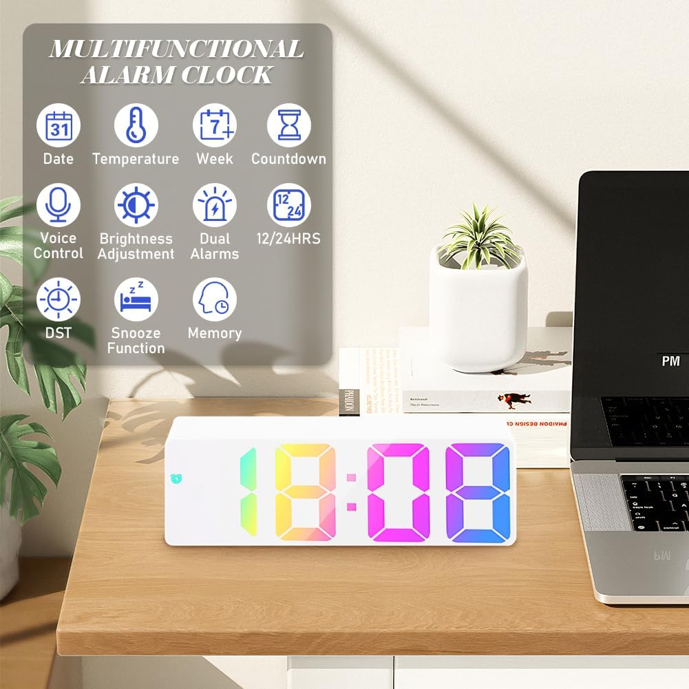 Sveglia digitale LED da comodino bianca con display multicolore sul piano