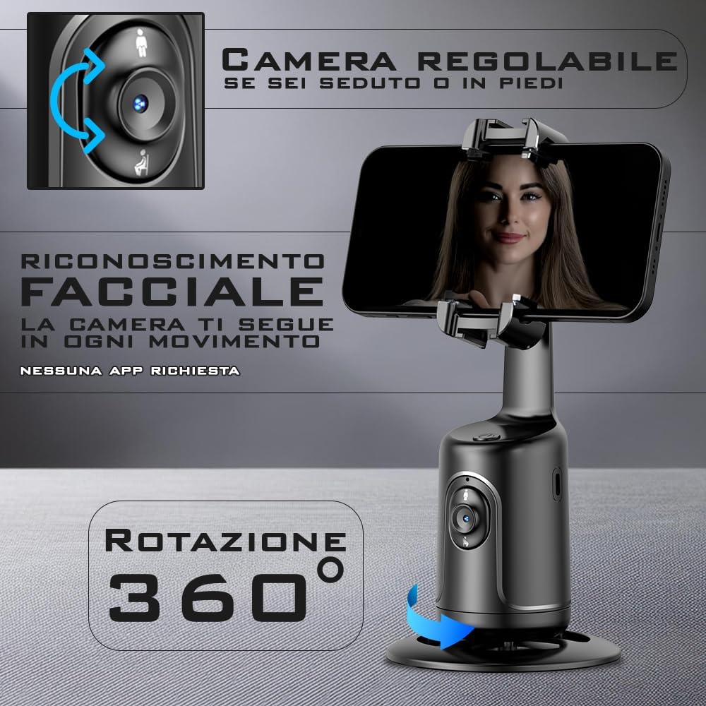 Stabilizzatore per smartphone nero con telefono montato e lente frontale