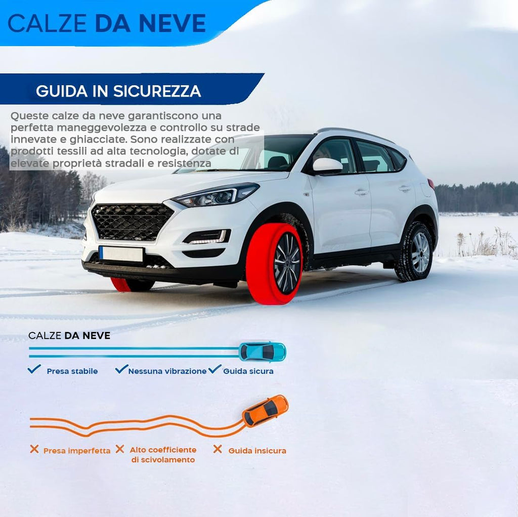 Calze da neve rosse installate su pneumatico, auto su strada innevata.