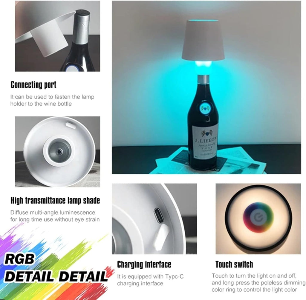 Lampada a bottiglia LED con paralume bianco e luce blu; ricarica USB‑C