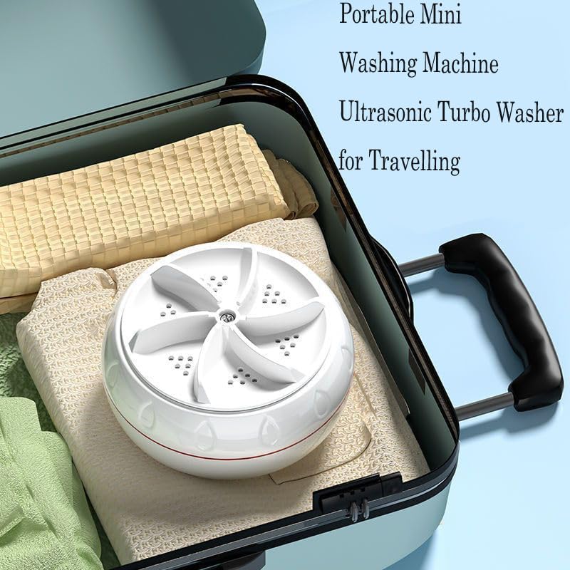 Mini lavatrice portatile ad ultrasuoni bianca con manico nero e vasca circolare