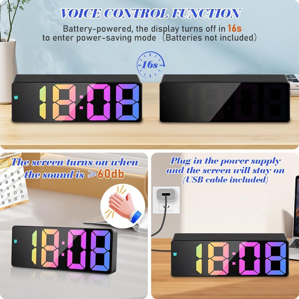 Sveglia digitale da comodino nera con display LED multicolore e cavo USB
