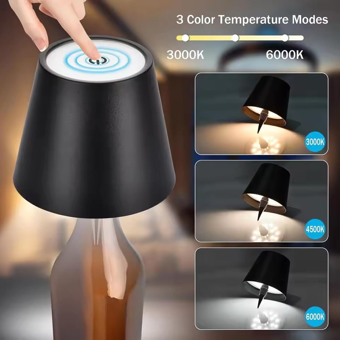 Lampada a Bottiglia Wireless Dimmerabile Touch – LED Ricaricabile USB – Colore Nero, 3 Opzioni di Luce – Lampada da Tavolo Portatile per Casa, Bar, Ristorante