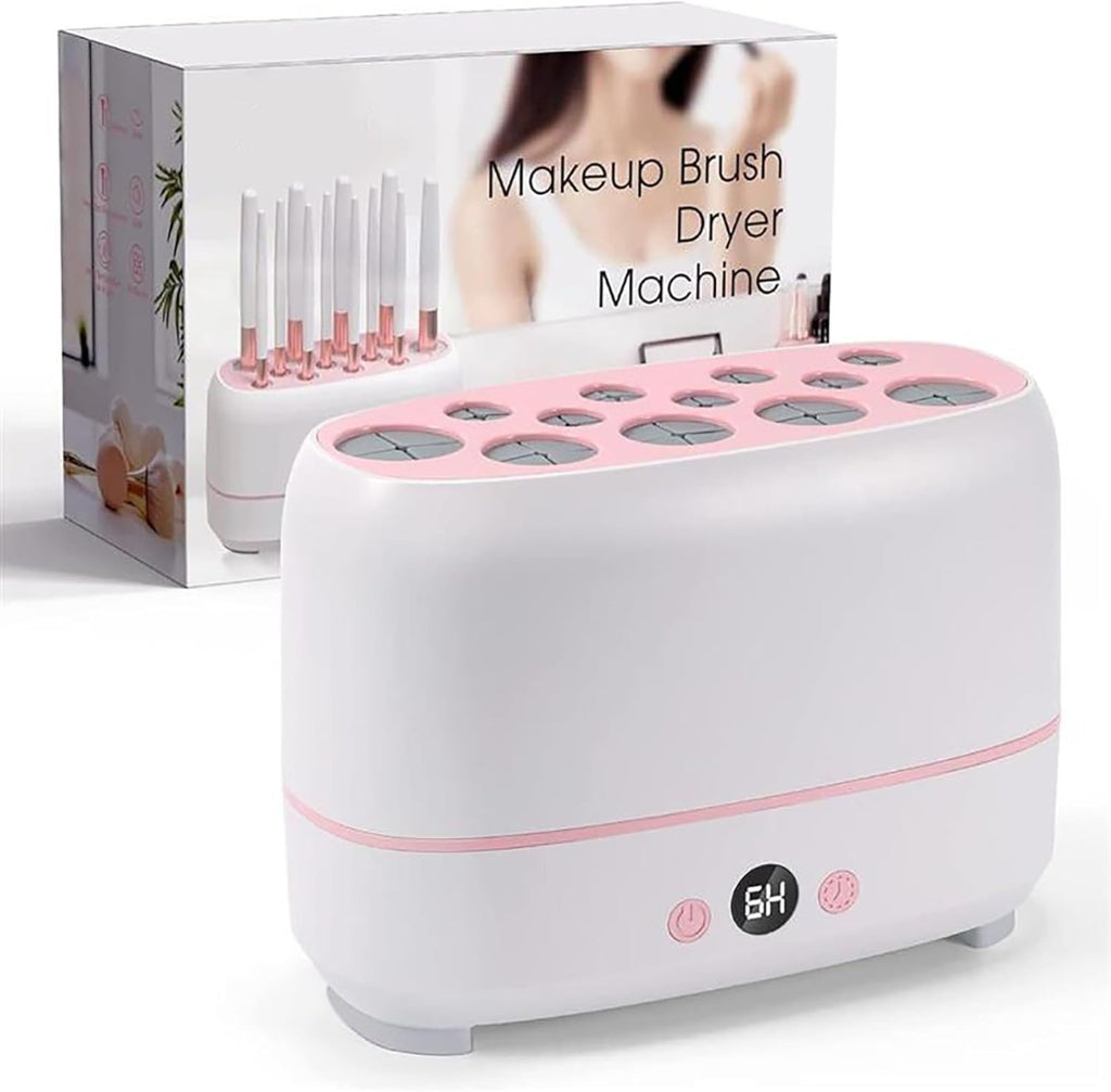 Asciugapennelli per trucco, macchina bianca con base rosa e 12 alloggiamenti